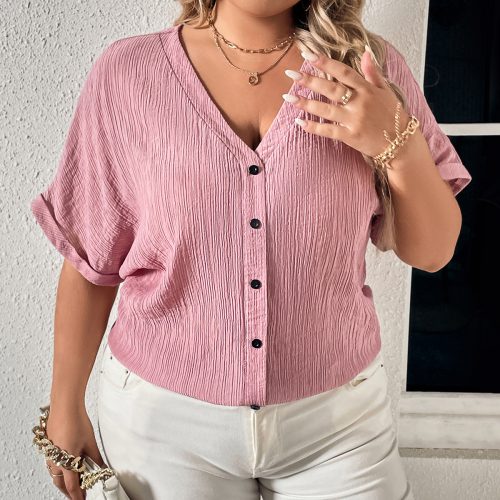 Plus Size Summer Autumn Linen V neck Buttons Loose Slimming Short Sleeve Shirt Top Women