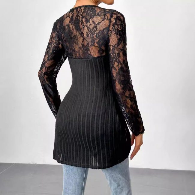 Simple Lace Stitching Long Sleeve Irregular Asymmetric Hem Slim T shirt Top for Women - Image 2