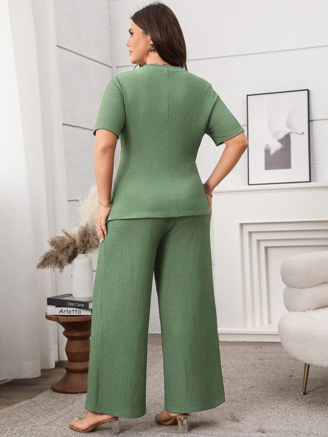 Women Clothing Casual Solid Color Short Sleeve Top Wide Leg Pants Two Piece Sets - Image 5