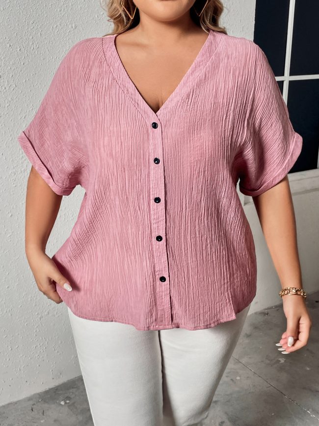 Plus Size Summer Autumn Linen V neck Buttons Loose Slimming Short Sleeve Shirt Top Women - Image 2
