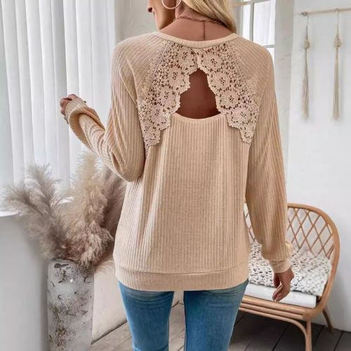 Women Back Stitching Lace Lace Cutout Raglan Sleeve Long Sleeve T shirt Top for Women