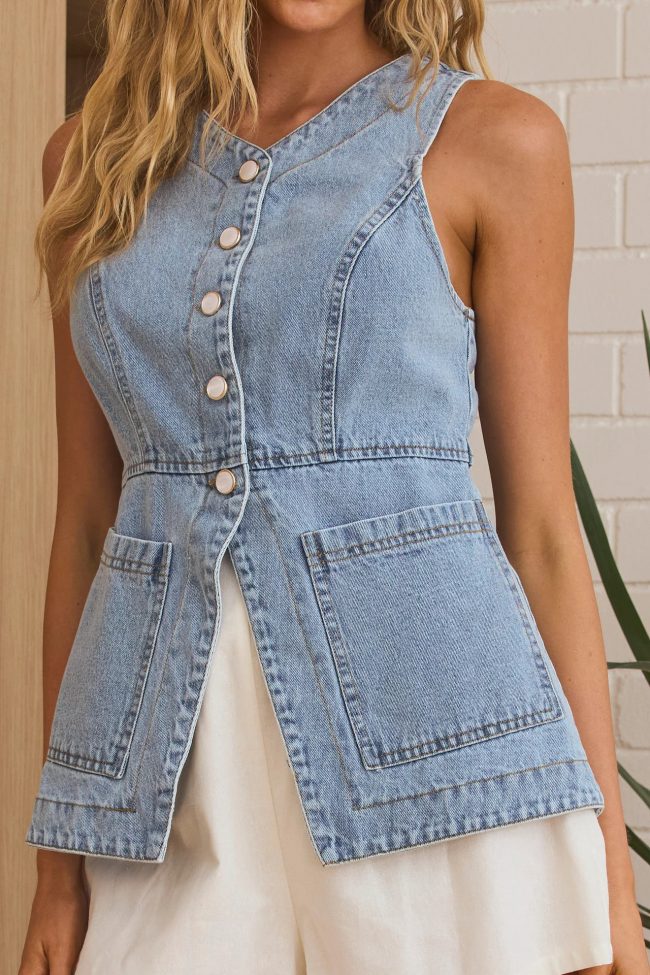 Women Clothing Summer Casual Slim Fit Buttoned Cardigan Denim Vest - Image 2