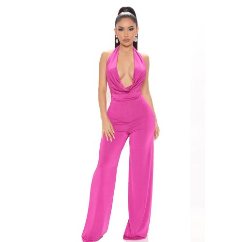 Cowl Halter Mesh Deep V Plunge Backless Wide Leg Jumpsuit