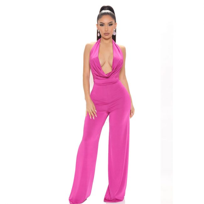 Cowl Halter Mesh Deep V Plunge Backless Wide Leg Jumpsuit
