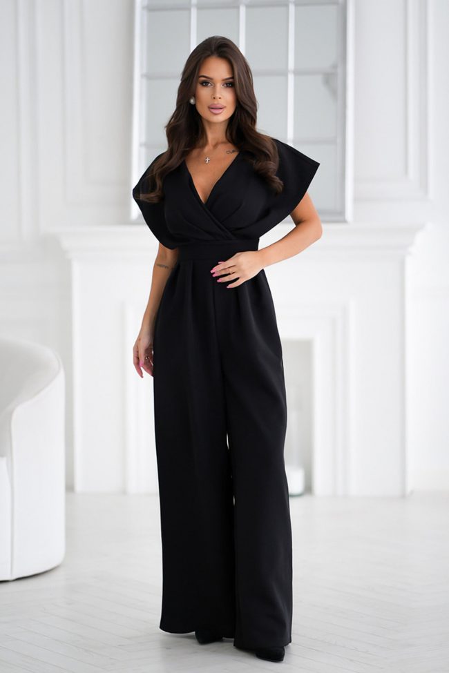 Women Summer Elegance Office V neck Tight Waist Solid Color One Piece Trousers - Image 3