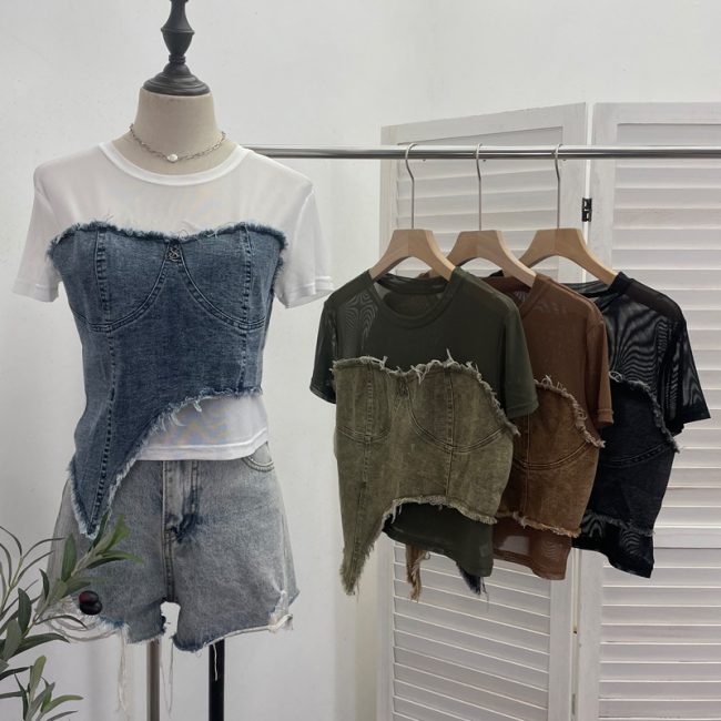 Women’s Denim Stitching Mesh Short Sleeve Asymmetric Crop Top - Image 2