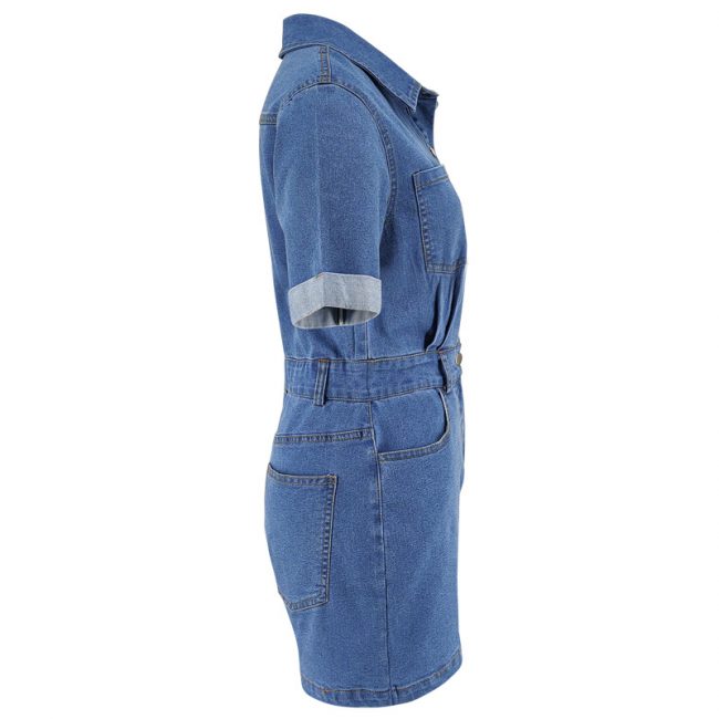 Women Clothing Denim Collared Short Sleeve Waist Controlled Romper - Image 4
