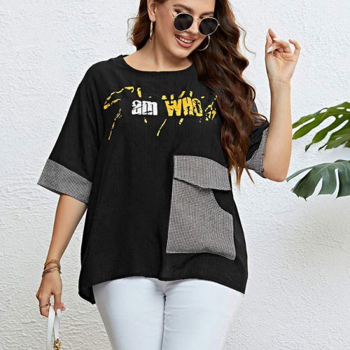 Summer Black Plaid Checkered Pocket Loose Casual Top