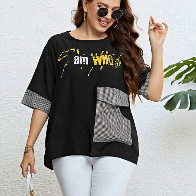 Summer Black Plaid Checkered Pocket Loose Casual Top
