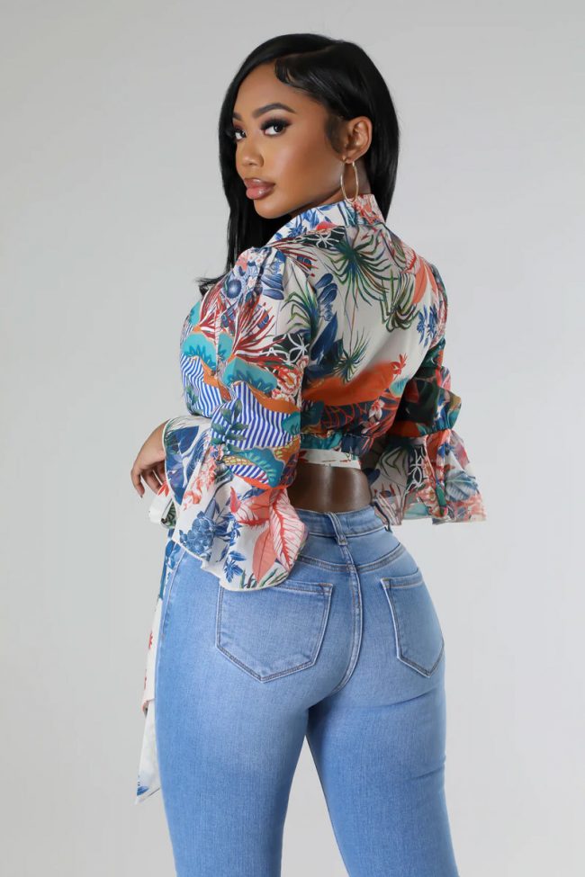 Women’s Boho Floral Print Tie Front Bell Sleeve V-Neck Crop Blouse - Image 2
