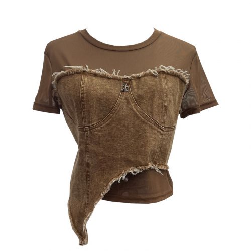 Women’s Denim Stitching Mesh Short Sleeve Asymmetric Crop Top