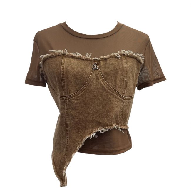 Women’s Denim Stitching Mesh Short Sleeve Asymmetric Crop Top