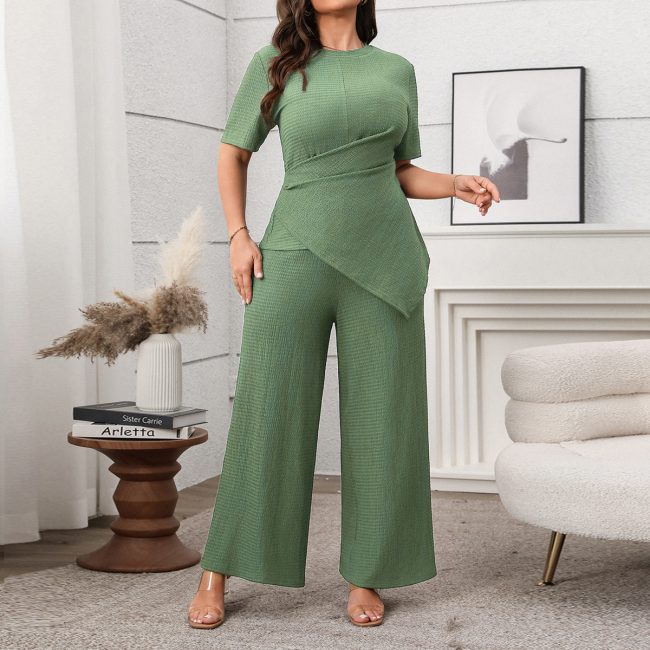Women Clothing Casual Solid Color Short Sleeve Top Wide Leg Pants Two Piece Sets - Image 4