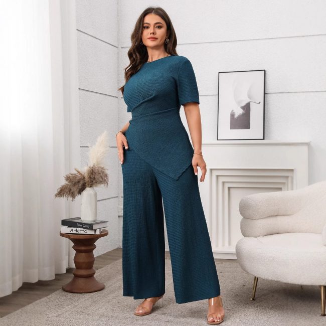 Women Clothing Casual Solid Color Short Sleeve Top Wide Leg Pants Two Piece Sets