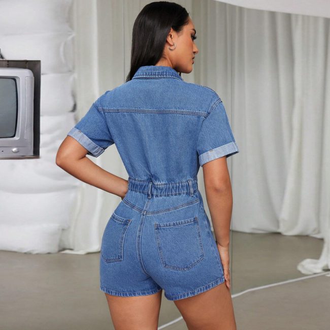 Women Clothing Denim Collared Short Sleeve Waist Controlled Romper - Image 2