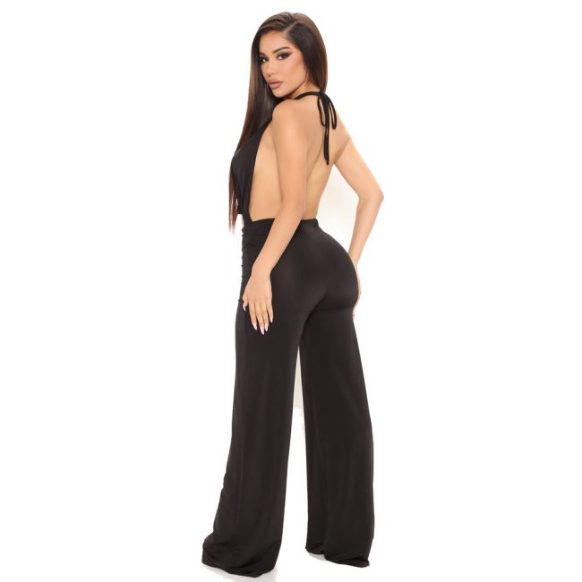 Cowl Halter Mesh Deep V Plunge Backless Wide Leg Jumpsuit - Image 3