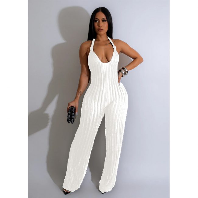 Women Wear Solid Color Backless Deep V Plunge Pleated Halter Jumpsuit for Women - Image 9