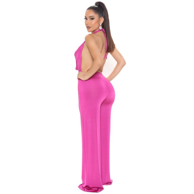 Cowl Halter Mesh Deep V Plunge Backless Wide Leg Jumpsuit - Image 4