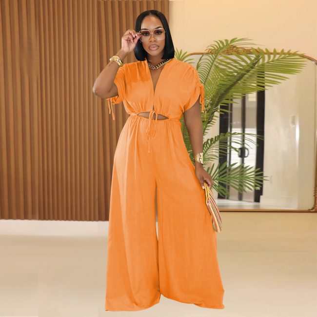 Women’s Solid Color V-Neck Wide Leg Jumpsuit with Ruched Sleeves and Lace-Up Detail - Image 3