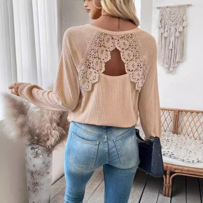 Women Back Stitching Lace Lace Cutout Raglan Sleeve Long Sleeve T shirt Top for Women - Image 4