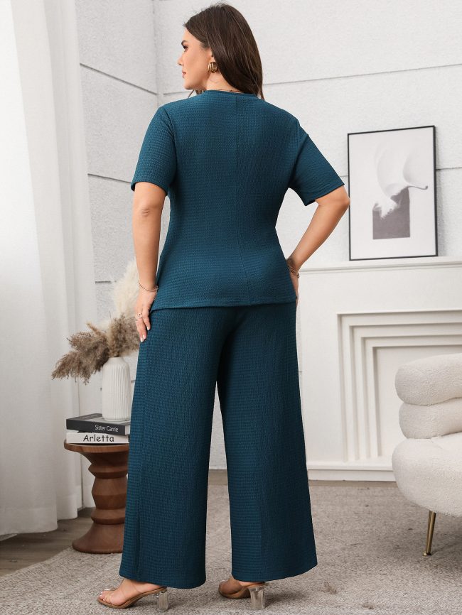 Women Clothing Casual Solid Color Short Sleeve Top Wide Leg Pants Two Piece Sets - Image 2