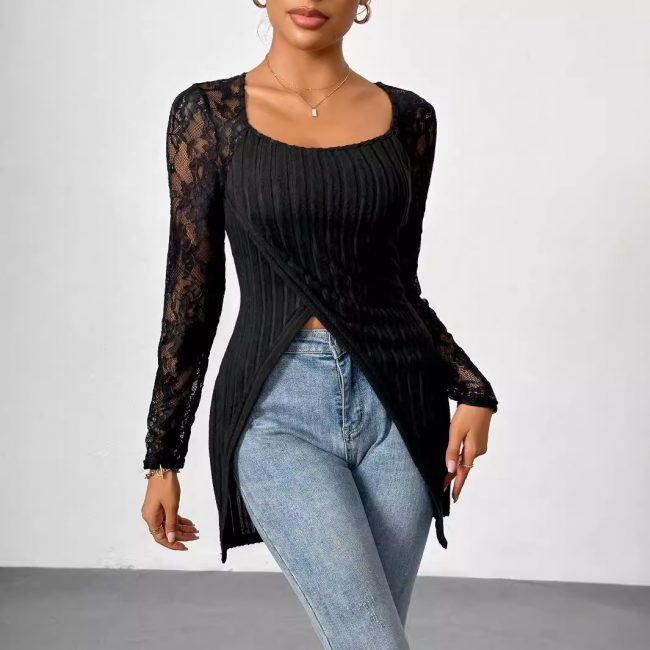 Simple Lace Stitching Long Sleeve Irregular Asymmetric Hem Slim T shirt Top for Women - Image 3