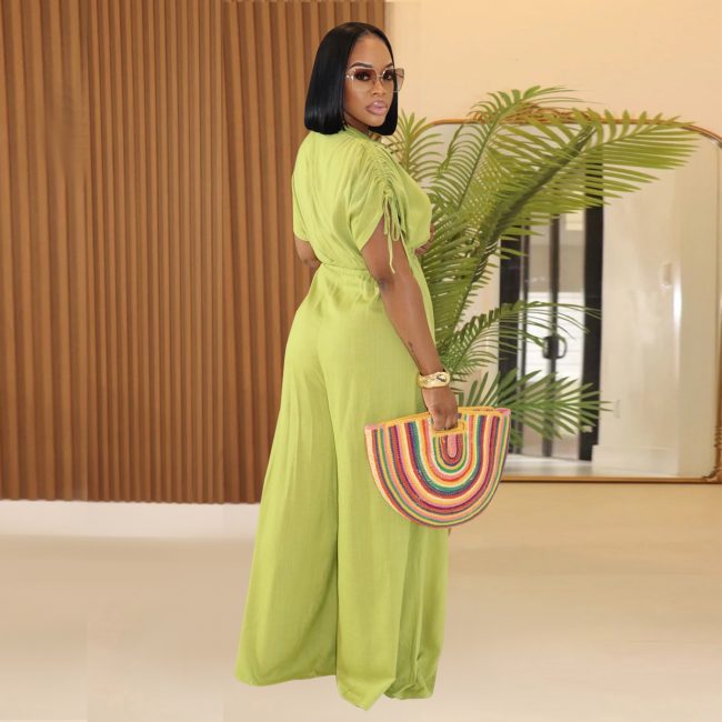 Women’s Solid Color V-Neck Wide Leg Jumpsuit with Ruched Sleeves and Lace-Up Detail - Image 2
