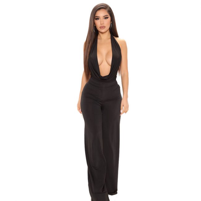 Cowl Halter Mesh Deep V Plunge Backless Wide Leg Jumpsuit - Image 2