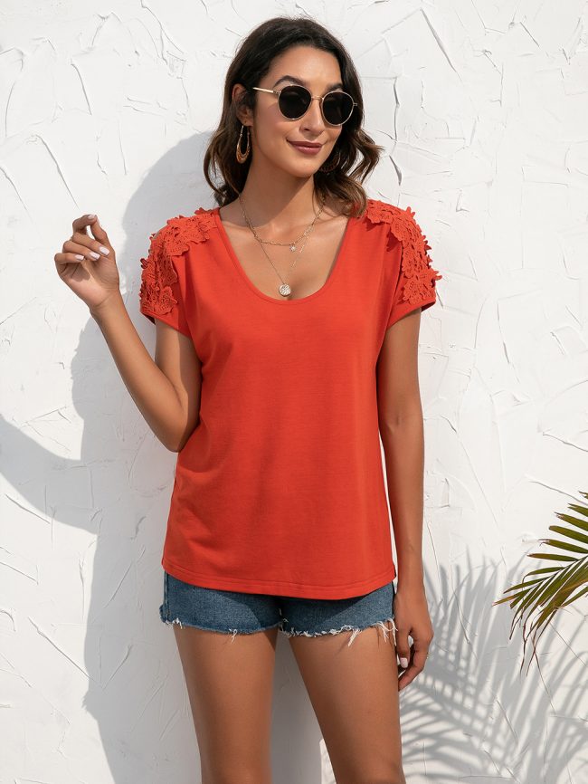 Casual Lace Lace V Neck Patchwork Pullover Short Sleeved T Shirt Sexy Hollow Out Cutout out Shoulder Baring Top Women - Image 4