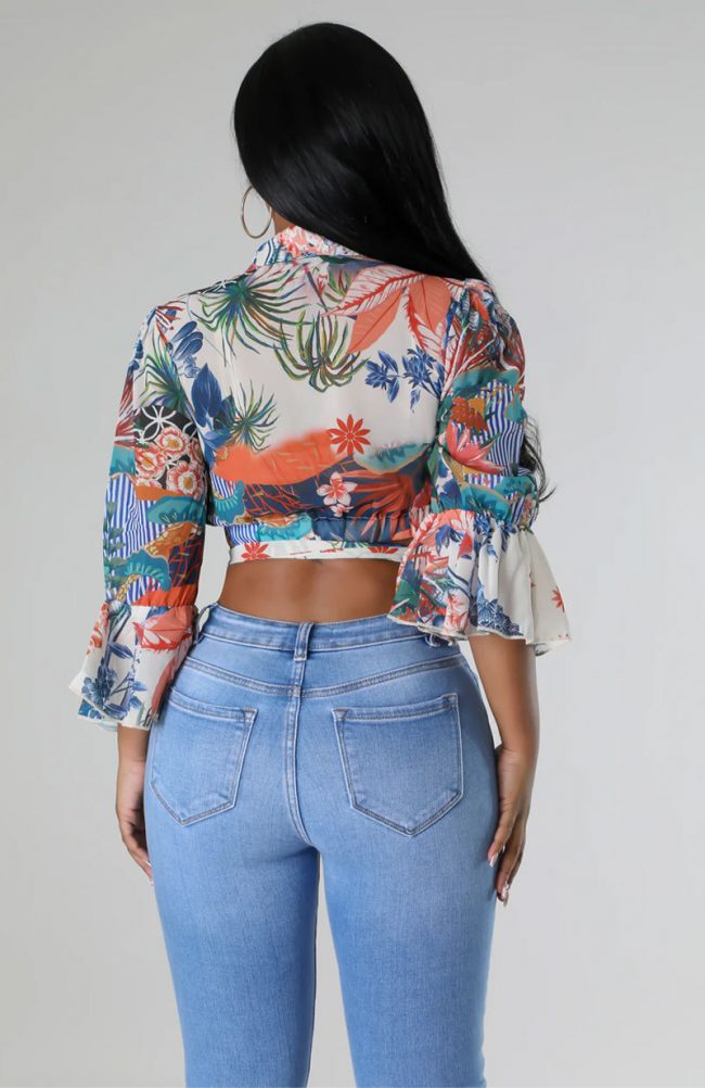 Women’s Boho Floral Print Tie Front Bell Sleeve V-Neck Crop Blouse - Image 3