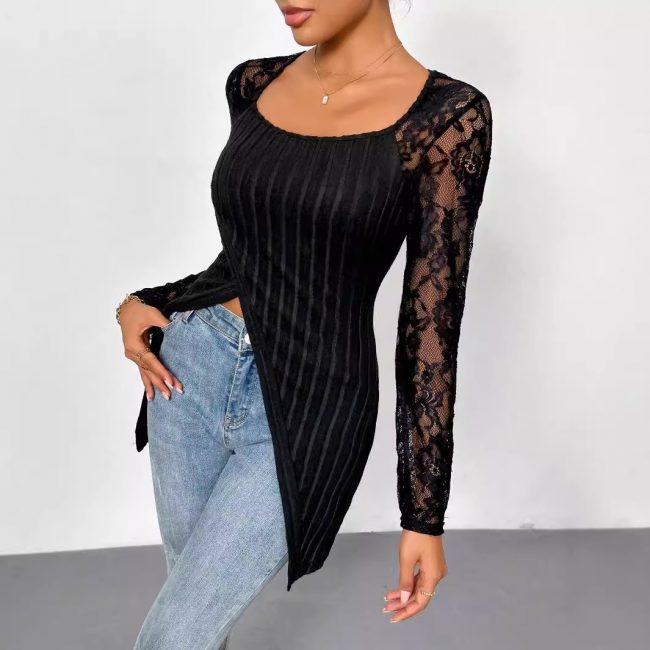 Simple Lace Stitching Long Sleeve Irregular Asymmetric Hem Slim T shirt Top for Women - Image 4