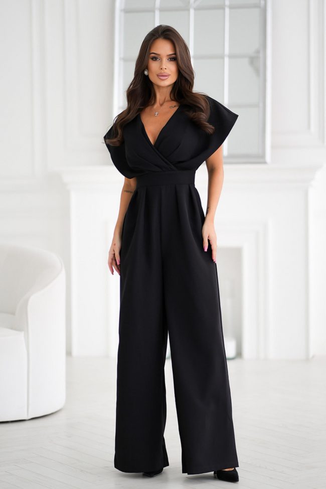Women Summer Elegance Office V neck Tight Waist Solid Color One Piece Trousers - Image 2