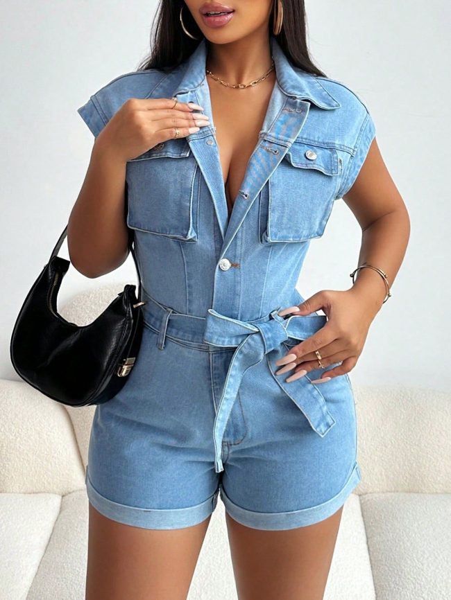 Women Clothing Polo Collar Pocket Denim Jumpsuit - Image 3