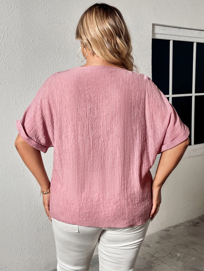 Plus Size Summer Autumn Linen V neck Buttons Loose Slimming Short Sleeve Shirt Top Women - Image 3