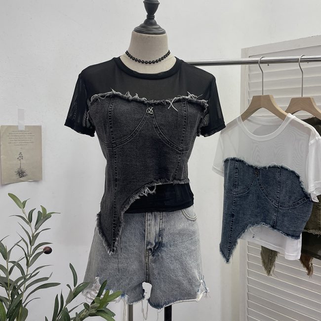 Women’s Denim Stitching Mesh Short Sleeve Asymmetric Crop Top - Image 5