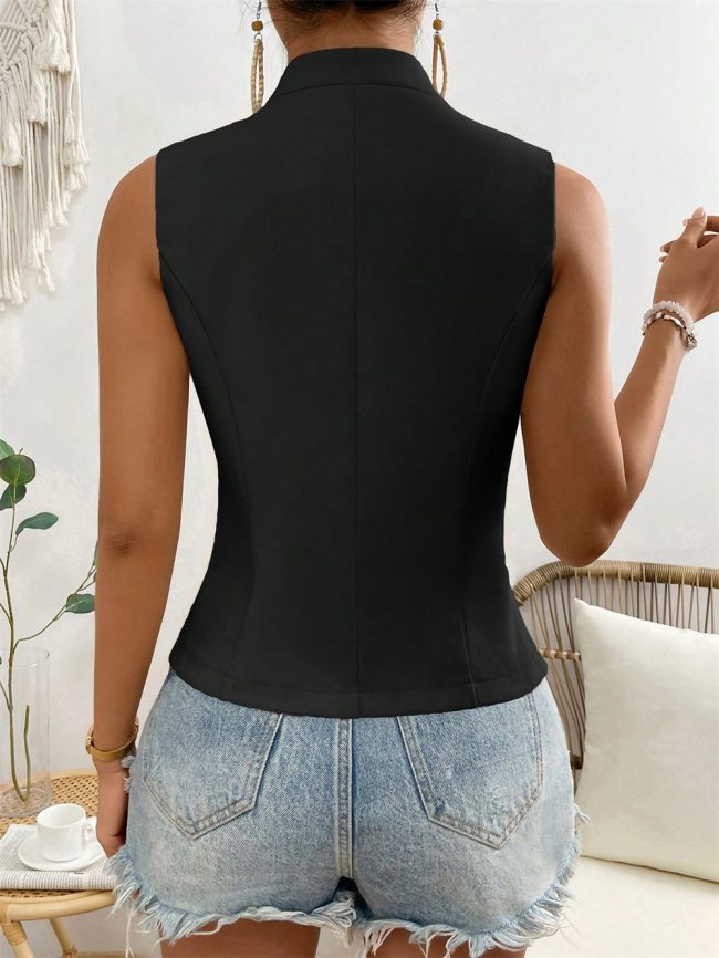 Women's V neck Buttons Sleeveless Vest Top - Image 4