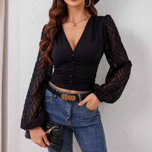 Women’s Ruched V-Neck Smock Crop Top with Button Front & Chiffon Lantern Sleeves