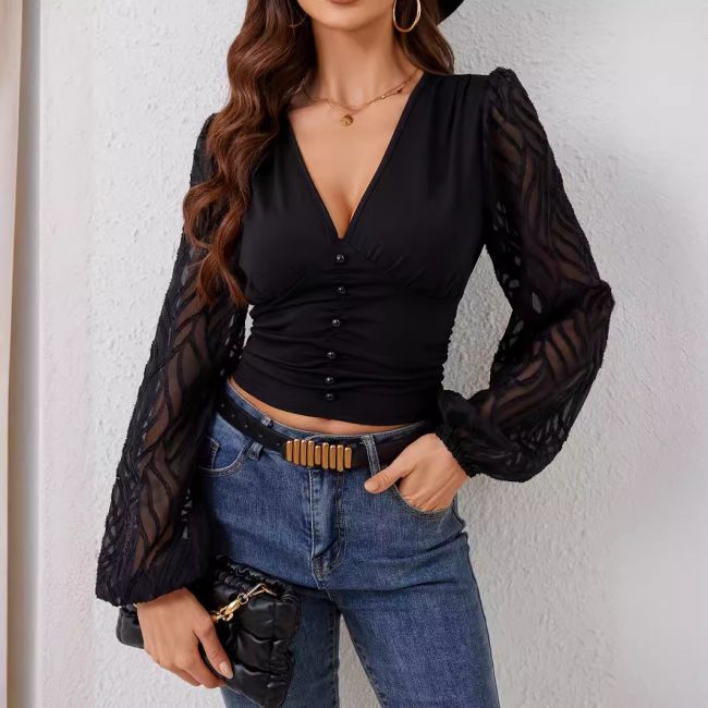 Women’s Ruched V-Neck Smock Crop Top with Button Front & Chiffon Lantern Sleeves