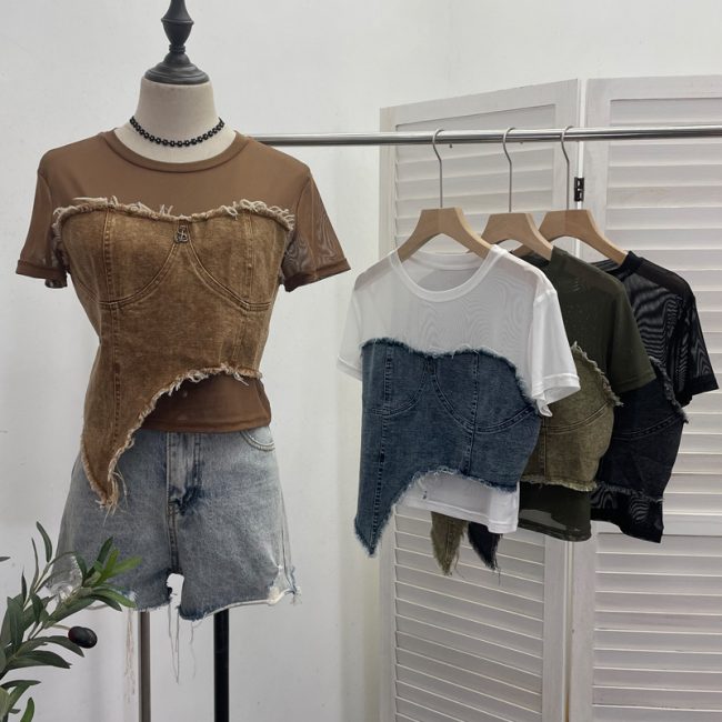 Women’s Denim Stitching Mesh Short Sleeve Asymmetric Crop Top - Image 4