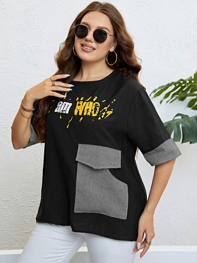 Summer Black Plaid Checkered Pocket Loose Casual Top - Image 5