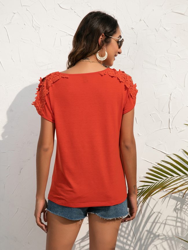 Casual Lace Lace V Neck Patchwork Pullover Short Sleeved T Shirt Sexy Hollow Out Cutout out Shoulder Baring Top Women - Image 5