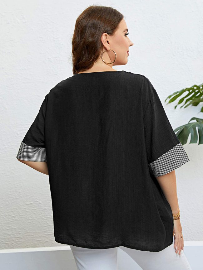 Summer Black Plaid Checkered Pocket Loose Casual Top - Image 3