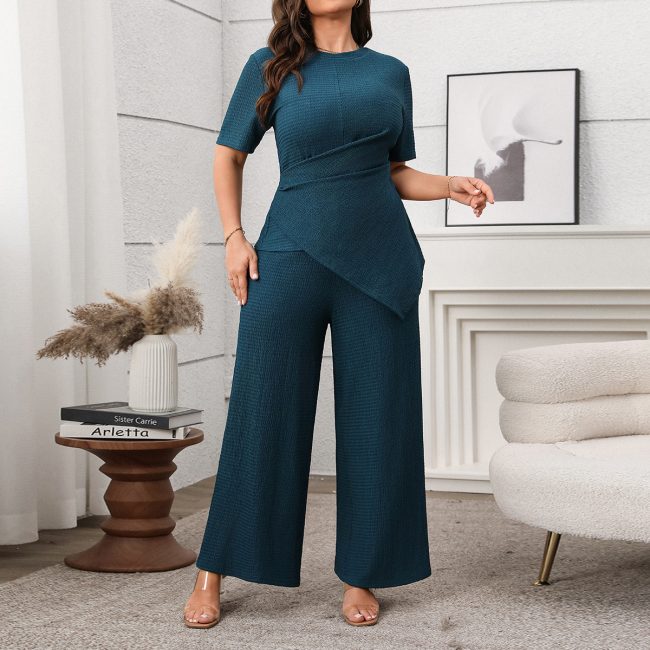 Women Clothing Casual Solid Color Short Sleeve Top Wide Leg Pants Two Piece Sets - Image 3