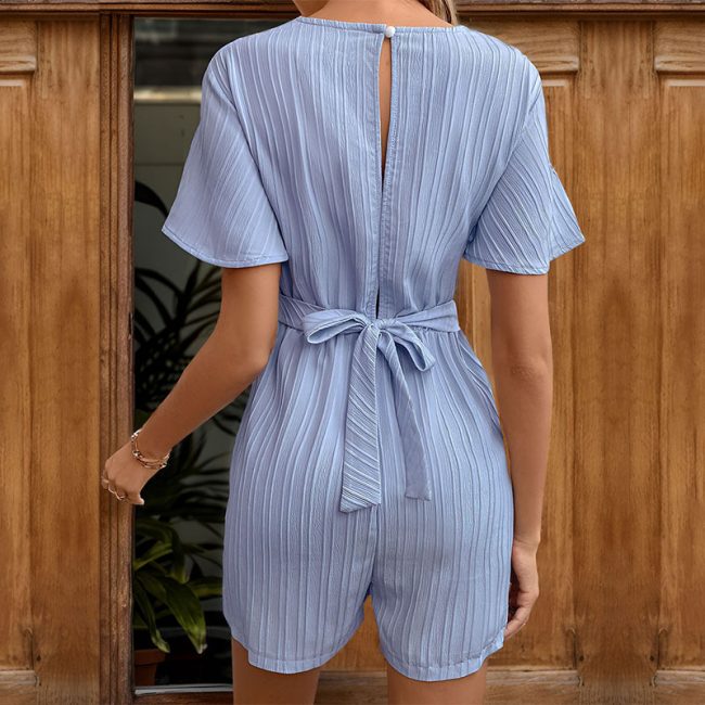Ruffle V-Sleeve Lace-Up Textured Romper – Cute Summer Casual Outfit - Image 4