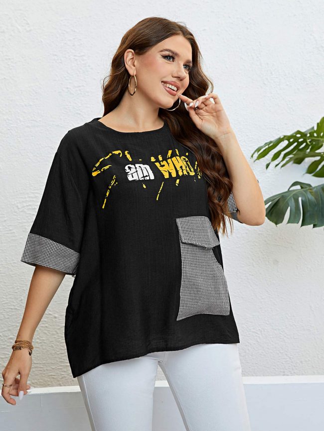 Summer Black Plaid Checkered Pocket Loose Casual Top - Image 2