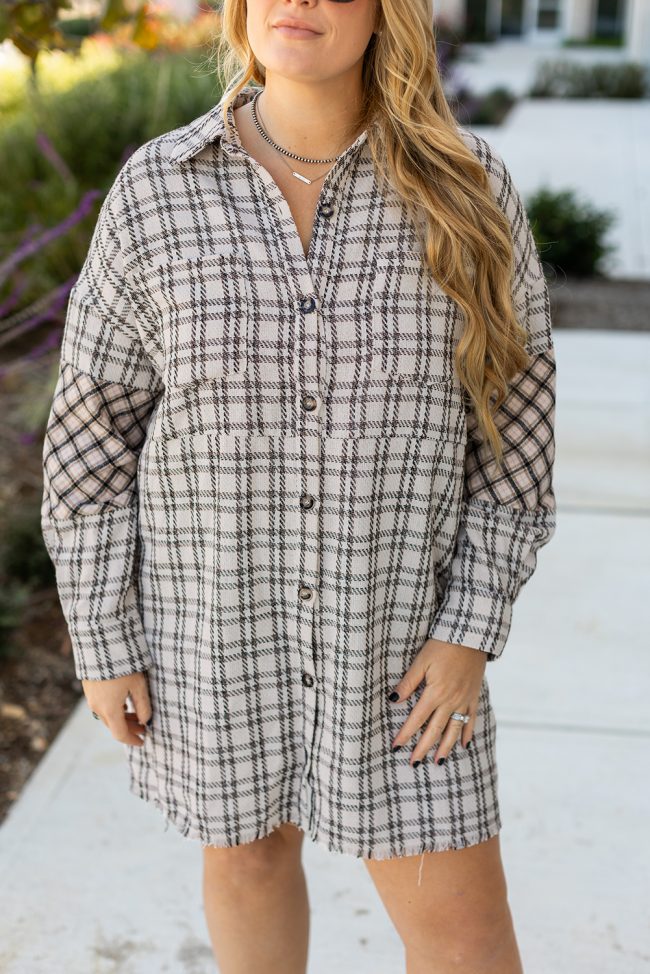 Plus Size White Stripe Plaid Button Down Shirt Dress with Raw Hem - Image 5