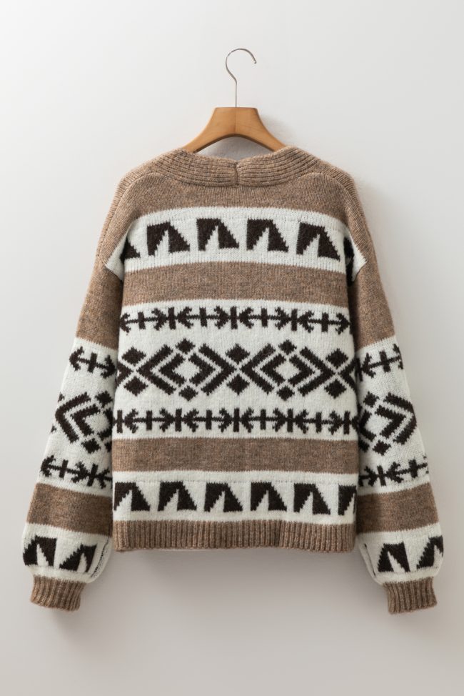 Dark Khaki Ethnic Geometric Pattern Button Front V Neck Sweater Cardigan - Image 7