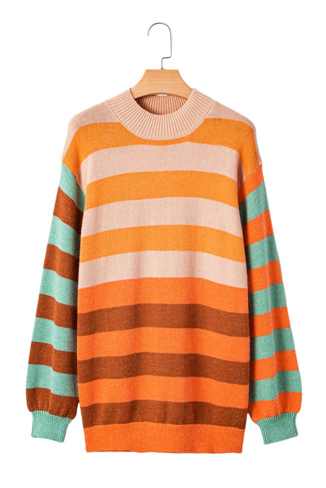 Orange Stripe Color Block High Neck Drop Shoulder Cozy Sweater - Image 23