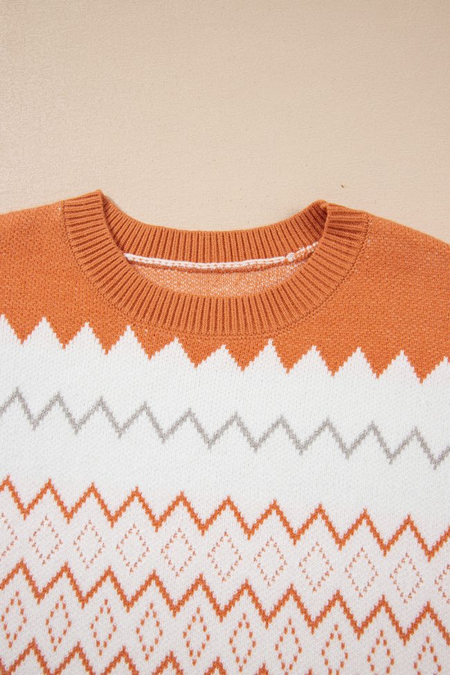 Khaki Zigzag Geometric Pattern Knitted Pullover Sweater - Image 9