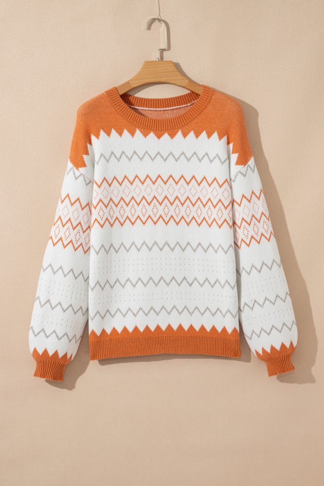 Khaki Zigzag Geometric Pattern Knitted Pullover Sweater - Image 8